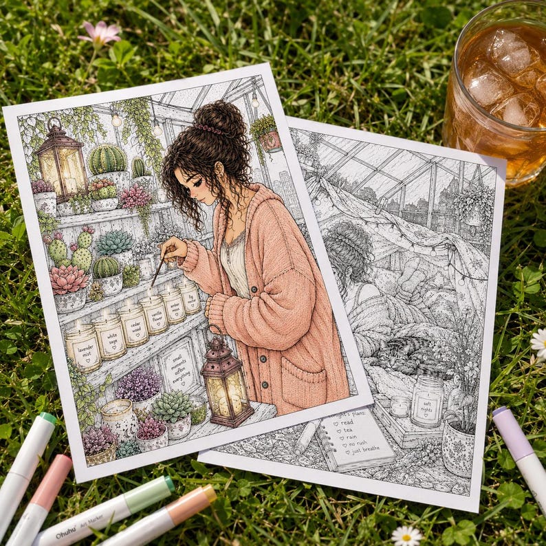 Växtreservat | 10 mysiga botaniska introverta målarbilder i PDF-format, estetisk växthusmålning för ångestlindring, utskrivbar medveten natur bild 3