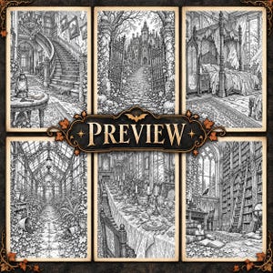 May include: A collection of six black and white line art illustrations featuring gothic architectural scenes including a grand staircase, a castle gate, a canopy bed, a greenhouse, a dining room, and a library, with the word PREVIEW in the center.