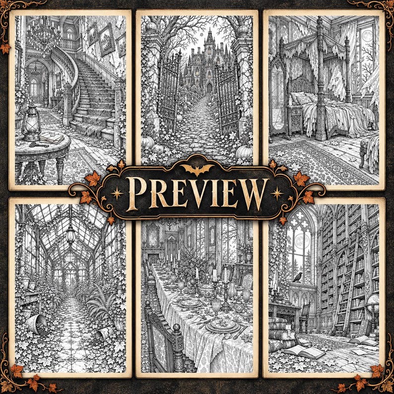 May include: A collection of six black and white line art illustrations featuring gothic architectural scenes including a grand staircase, a castle gate, a canopy bed, a greenhouse, a dining room, and a library, with the word PREVIEW in the center.