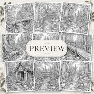 May include: A collection of eight black and white line art illustrations featuring forest scenes with wooden bridges, rustic cabins, stone paths, and benches, all centered around a rectangular label with the word PREVIEW printed in black.