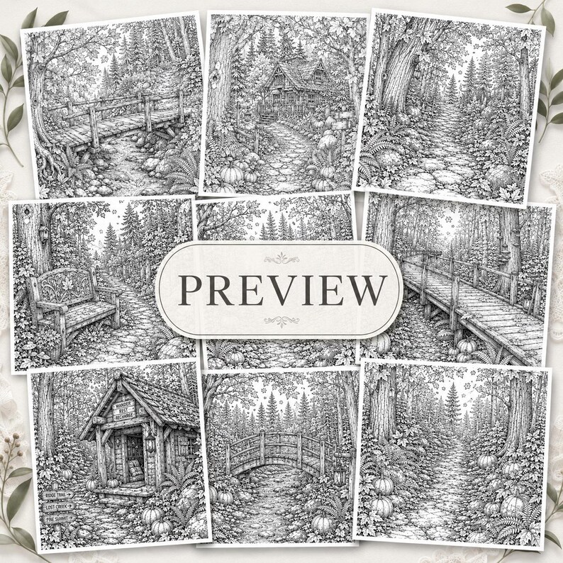 May include: A collection of eight black and white line art illustrations featuring forest scenes with wooden bridges, rustic cabins, stone paths, and benches, all centered around a rectangular label with the word PREVIEW printed in black.