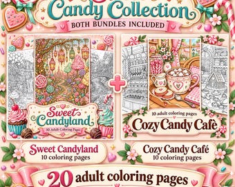 20 Candy Coloring Pages for Adults, Printable Fantasy Illustrations, Cozy Café & Candy Castles, Sweet Candy Collection
