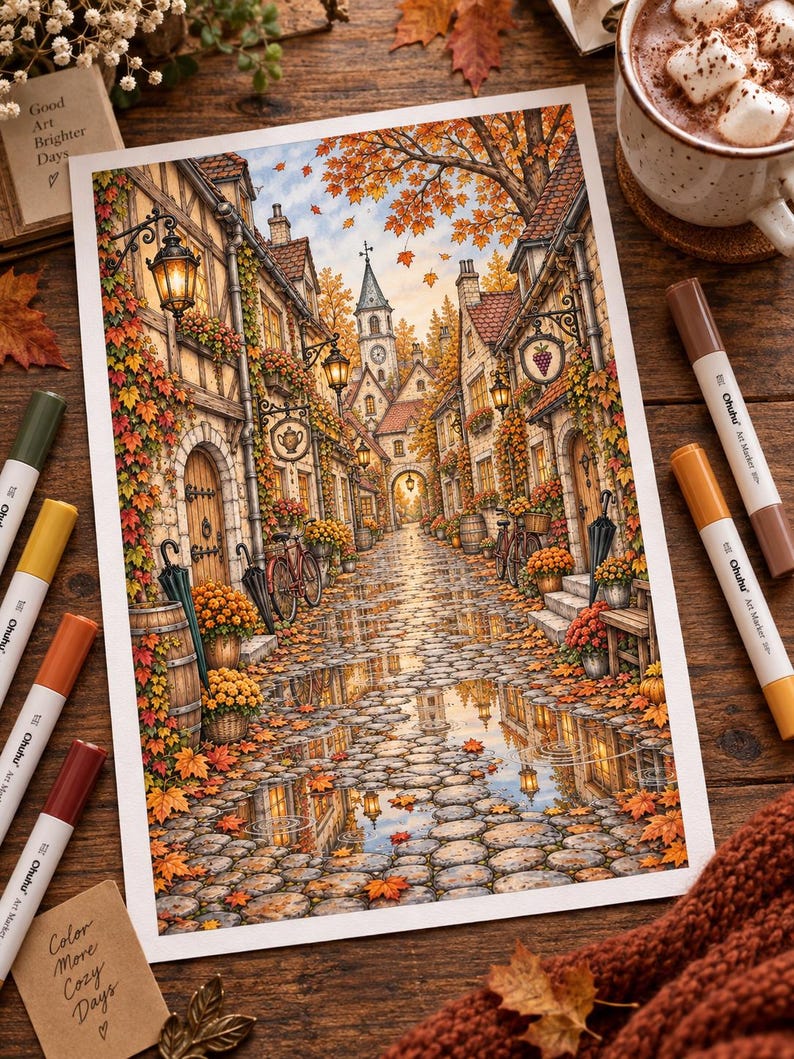 Puede incluir: Una ilustraci&oacute;n detallada de una calle empedrada en un pueblo europeo durante el oto&ntilde;o, con edificios de piedra, letreros colgantes, bicicletas y follaje naranja. La escena incluye una calle mojada con reflejos y una torre de reloj.