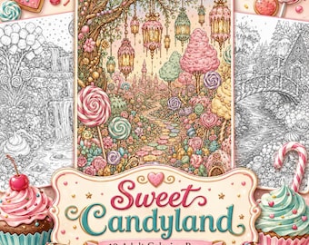 May include: A colouring book cover titled Sweet Candyland featuring 10 adult colouring pages. The central illustration depicts a whimsical candy landscape with hanging lanterns, lollipop trees, and a path, flanked by two black and white line art pages.