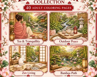 Zen Coloring Pages for Adults, 40 Printable Pages, Japanese Gardens & Cozy Moments | Zen Sanctuary Collection