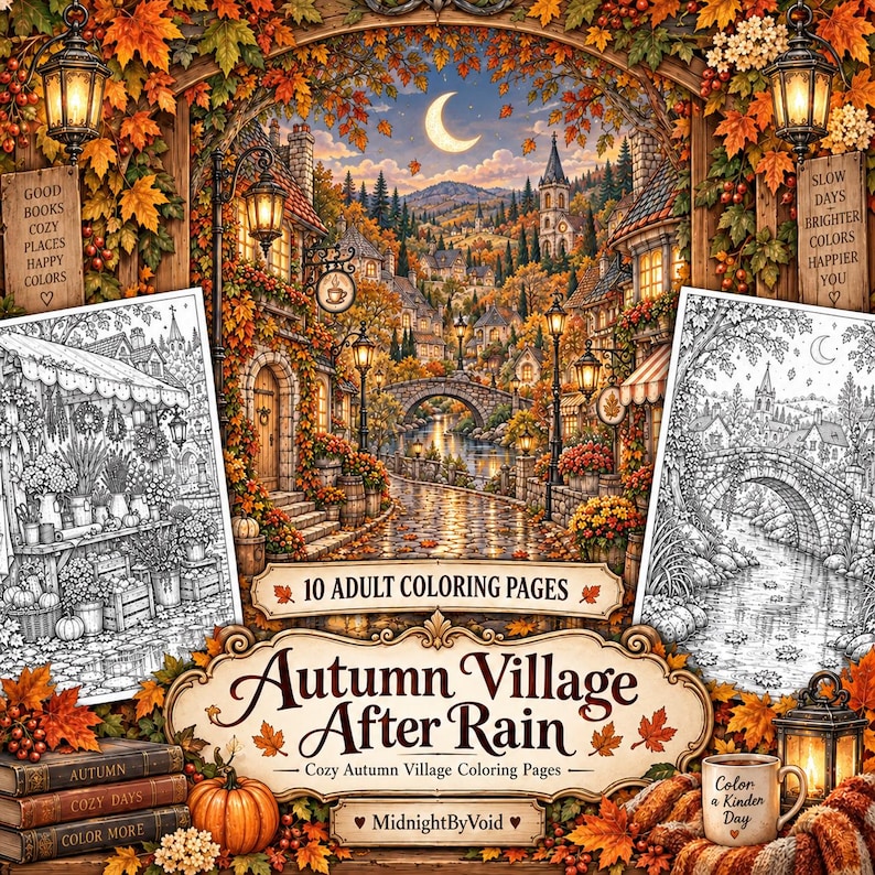 Puede incluir: Una colecci&oacute;n de arte digital titulada Autumn Village After Rain con 10 p&aacute;ginas para colorear para adultos. La imagen central muestra un pueblo con un puente de piedra, un r&iacute;o y follaje oto&ntilde;al bajo una luna creciente. El texto incluye Good Books Cozy Places Happy Colors y Slow Days Brighter Colors Happier You.