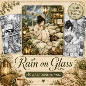 Pu&ograve; includere: Un set da colorare digitale intitolato Rain on Glass che include 10 pagine di illustrazioni dettagliate. Le immagini raffigurano accoglienti scene d'interni con persone, gatti, piante, lanterne e libri in una serra con finestre piovose.