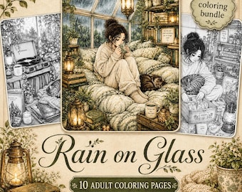 May include: A digital coloring bundle titled Rain on Glass featuring 10 pages of detailed line art illustrations. The images depict cozy indoor scenes with people, cats, plants, lanterns, and books in a greenhouse setting with rainy windows.
