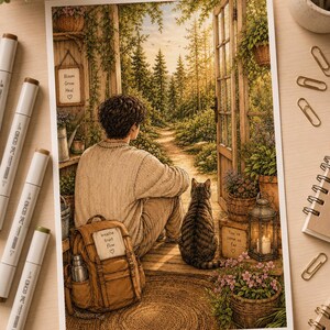Peut inclure: Une impression d'art rectangulaire montrant une personne et un chat tigr&eacute; assis sur une v&eacute;randa en bois face &agrave; un chemin forestier. On y voit un sac &agrave; dos marron avec le texte "breathe trust flow" et un panneau "Bloom Grow Heal".