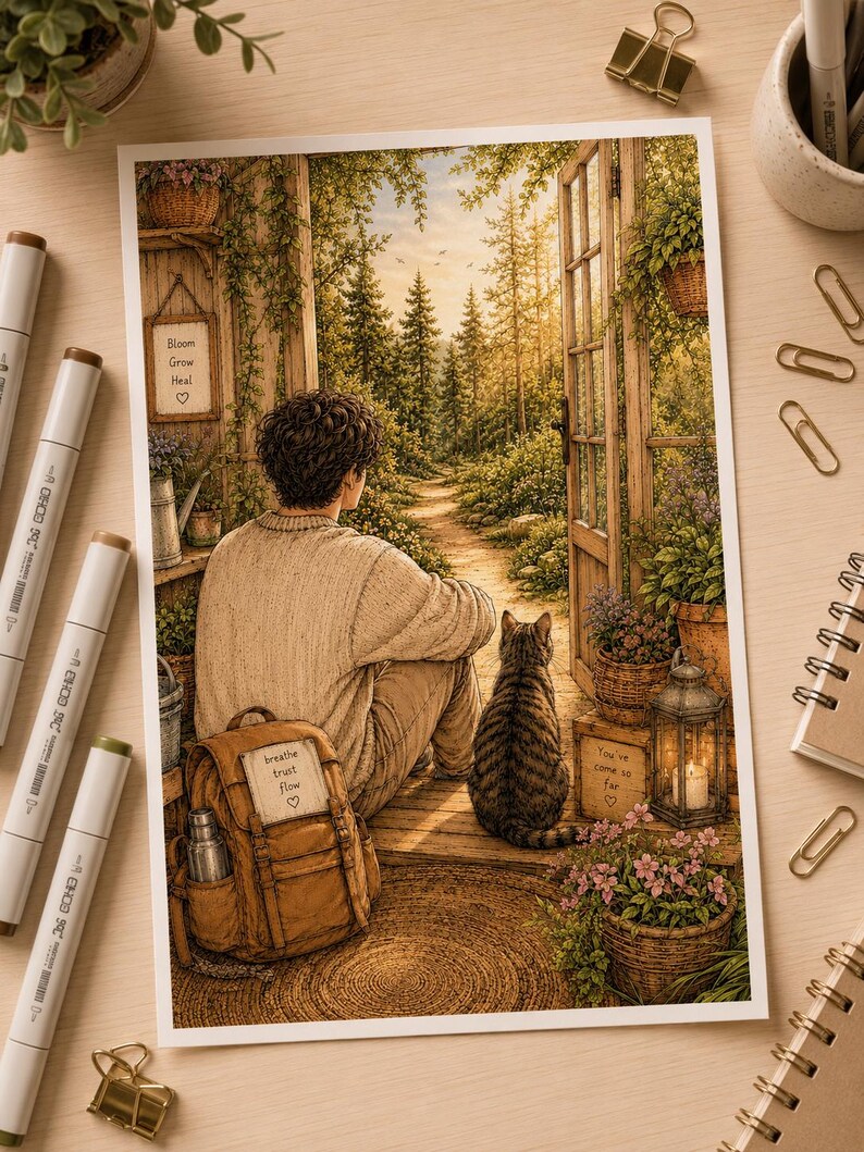 Peut inclure: Une impression d'art rectangulaire montrant une personne et un chat tigr&eacute; assis sur une v&eacute;randa en bois face &agrave; un chemin forestier. On y voit un sac &agrave; dos marron avec le texte "breathe trust flow" et un panneau "Bloom Grow Heal".