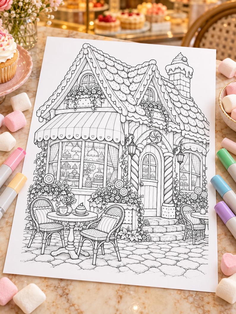 May include: A black and white colouring page illustration of a bakery shop with a shingled roof, a large storefront window displaying pastries, a front door, and outdoor seating with two chairs and a small round table on a stone patio.