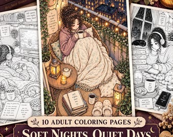 10 Cozy Coloring Pages for Adults, Soft Nights Quiet Days Printable Pages, Introvert Rainy Night & Self Care Digital Download
