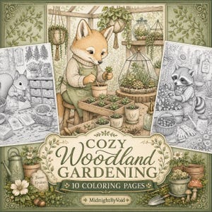 May include: A coloring book cover titled Cozy Woodland Gardening featuring 10 coloring pages. The illustration shows a fox gardening in a greenhouse, a squirrel with plants, and a raccoon with berries, all rendered in a detailed, soft-toned style.