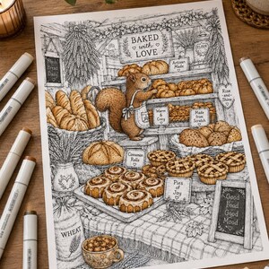 Puede incluir: Una ilustraci&oacute;n detallada en blanco y negro con acentos marrones que representa a una ardilla con delantal en una panader&iacute;a. La escena muestra estantes de pan, rollos de canela y pasteles con letreros que dicen Baked with Love, Artisan Made, Warm & Cozy, Made from Scratch, Cinnamon Rolls, Pies of Joy y Good Food Good Mood.