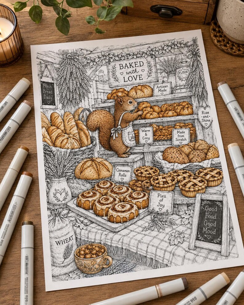 Puede incluir: Una ilustraci&oacute;n detallada en blanco y negro con acentos marrones que representa a una ardilla con delantal en una panader&iacute;a. La escena muestra estantes de pan, rollos de canela y pasteles con letreros que dicen Baked with Love, Artisan Made, Warm & Cozy, Made from Scratch, Cinnamon Rolls, Pies of Joy y Good Food Good Mood.
