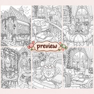 May include: A collection of six black and white line art illustrations for colouring, featuring cosy cottage interiors, outdoor garden scenes, tea sets, and sweet treats, with the word preview centred in a decorative candy-themed badge.
