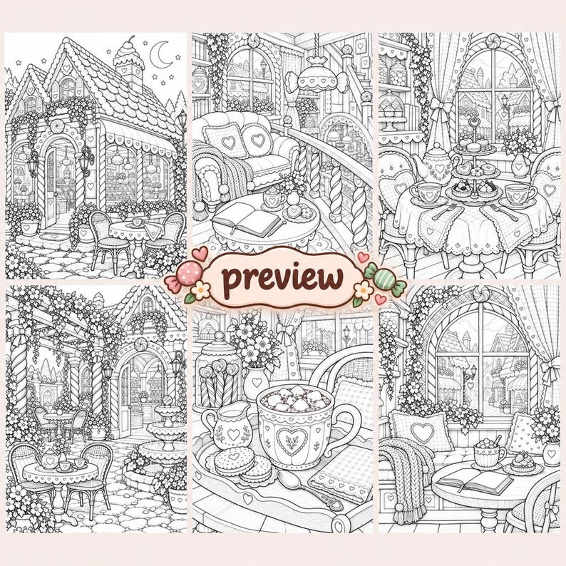 May include: A collection of six black and white line art illustrations for colouring, featuring cosy cottage interiors, outdoor garden scenes, tea sets, and sweet treats, with the word preview centred in a decorative candy-themed badge.