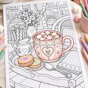 May include: A colouring page featuring a large mug of hot cocoa with marshmallows, a small creamer, two sandwich cookies, and a spoon on a tray. The background shows a window, a vase of flowers, and a glass jar filled with candy canes.