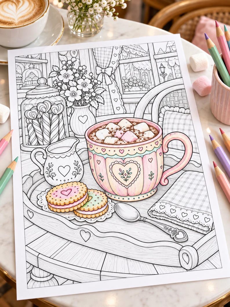 May include: A colouring page featuring a large mug of hot cocoa with marshmallows, a small creamer, two sandwich cookies, and a spoon on a tray. The background shows a window, a vase of flowers, and a glass jar filled with candy canes.