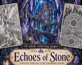 Echoes of Stone 10 Fantasy Coloring Pages, Intricate Subterranean Cavern Line Art Pack, Deep Cave Temple Crystal Dungeon Printable PDF