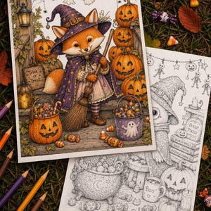 May include: Two Halloween-themed coloring pages featuring a fox dressed as a witch with a broom, pumpkins, and candy, alongside a black and white line art illustration of an owl, a cauldron, books labeled Hocus Pocus, and a mug marked Boo.