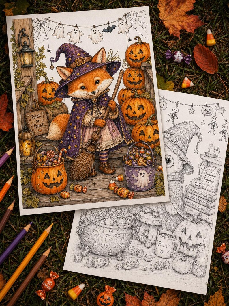 May include: Two Halloween-themed coloring pages featuring a fox dressed as a witch with a broom, pumpkins, and candy, alongside a black and white line art illustration of an owl, a cauldron, books labeled Hocus Pocus, and a mug marked Boo.
