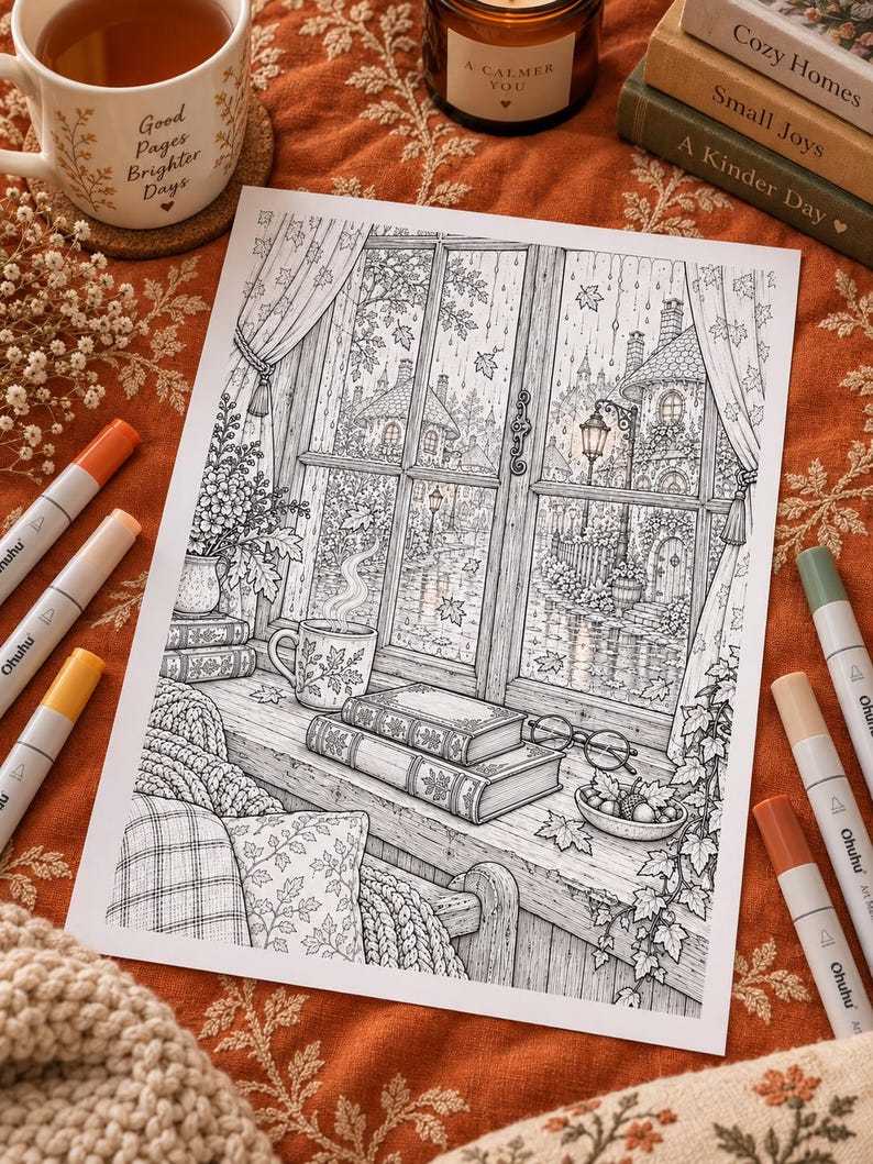 Puede incluir: Una p&aacute;gina para colorear en blanco y negro que muestra una acogedora escena de ventana con una taza humeante, libros apilados y gafas en el alf&eacute;izar. Afuera, una vista de calle lluviosa muestra casas, &aacute;rboles y una farola. Rodeado de rotuladores.