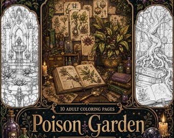 May include: A collection of 10 adult coloring pages titled Poison Garden by MidnightByVoid. The cover features an open botanical book, a magnifying glass, potted plants, and vintage bottles. Two side panels display intricate black and white line art.