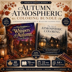 Può includere: Un set da colorare digitale intitolato Autumn Atmospheric Coloring Bundle che include due libri, Whispers of Autumn e The Art of Atmospheric Coloring, con 40 pagine da colorare, una guida di 70 pagine, un pacchetto di 22 pagine e formati A4 o US.