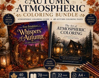 Autumn Atmospheric Coloring Bundle 70-Page Guide + 40 Fall Coloring Pages, Practice Pack, Printable Adult Cozy Coloring PDF Instant Download
