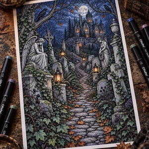 May include: A detailed illustration of a stone path leading to a gothic castle on a hill, flanked by weathered tombstones, angel statues, and glowing lanterns. The scene is set at night under a full moon, with ivy, fallen leaves, and dark trees.