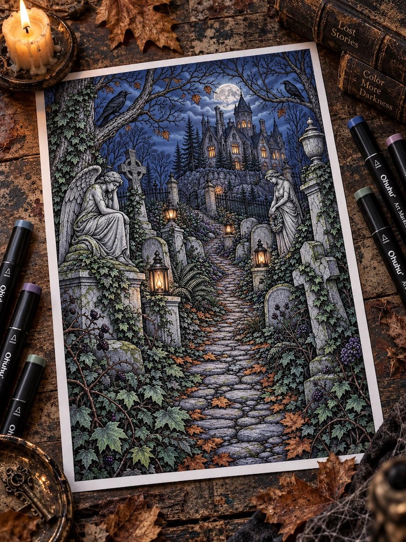 May include: A detailed illustration of a stone path leading to a gothic castle on a hill, flanked by weathered tombstones, angel statues, and glowing lanterns. The scene is set at night under a full moon, with ivy, fallen leaves, and dark trees.
