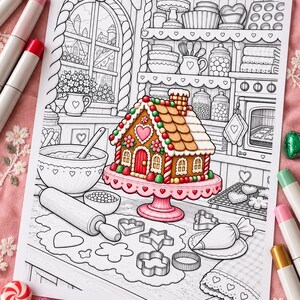 May include: A colouring page featuring a gingerbread house on a pink cake stand in a kitchen. The scene includes a mixing bowl, rolling pin, cookie cutters, and a piping bag on a counter, with shelves of baking supplies in the background.