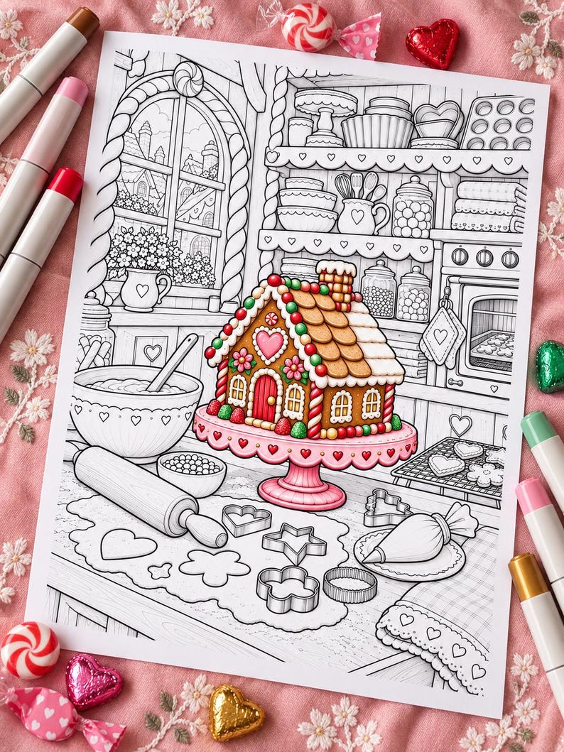 May include: A colouring page featuring a gingerbread house on a pink cake stand in a kitchen. The scene includes a mixing bowl, rolling pin, cookie cutters, and a piping bag on a counter, with shelves of baking supplies in the background.