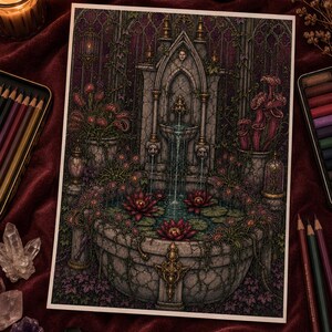 May include: A detailed art print depicting a stone fountain in a dark, overgrown garden setting. The fountain features water cascading into a basin filled with dark pink water lilies, surrounded by various carnivorous plants and climbing vines.