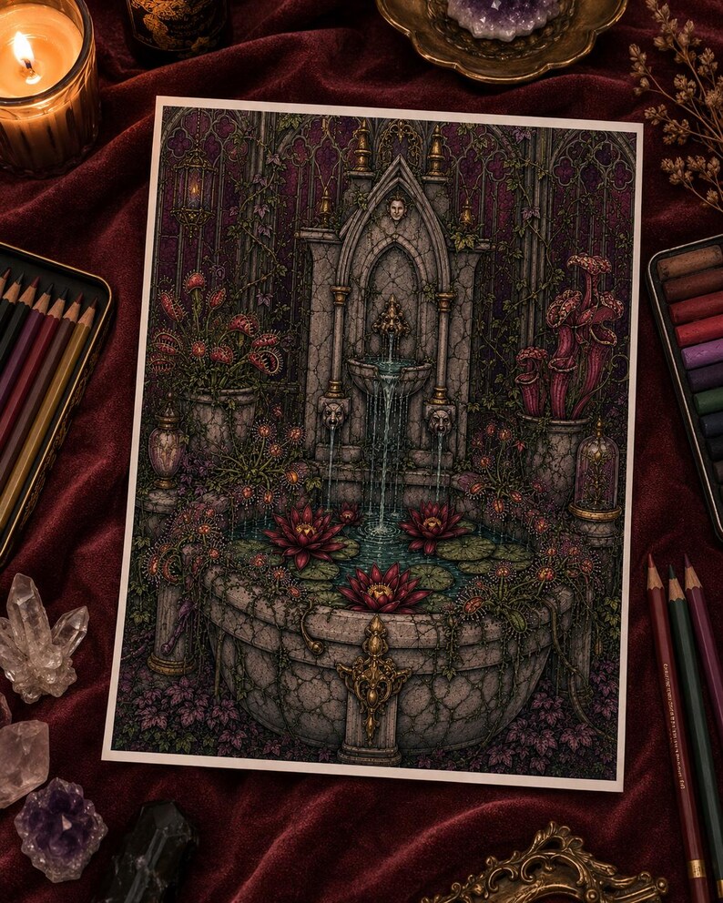 May include: A detailed art print depicting a stone fountain in a dark, overgrown garden setting. The fountain features water cascading into a basin filled with dark pink water lilies, surrounded by various carnivorous plants and climbing vines.