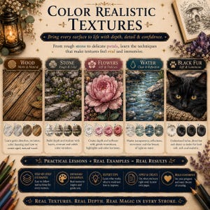 Puede incluir: Una gu&iacute;a instructiva titulada Color Realistic Textures que presenta cinco secciones sobre la representaci&oacute;n de madera, piedra, flores, agua y pelaje negro. El dise&ntilde;o incluye texto descriptivo, muestras de color numeradas y ejemplos ilustrativos para cada tipo de textura, adem&aacute;s de una secci&oacute;n inferior que detalla lecciones pr&aacute;cticas, consejos de expertos y orientaci&oacute;n creativa.