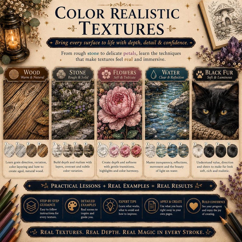Puede incluir: Una gu&iacute;a instructiva titulada Color Realistic Textures que presenta cinco secciones sobre la representaci&oacute;n de madera, piedra, flores, agua y pelaje negro. El dise&ntilde;o incluye texto descriptivo, muestras de color numeradas y ejemplos ilustrativos para cada tipo de textura, adem&aacute;s de una secci&oacute;n inferior que detalla lecciones pr&aacute;cticas, consejos de expertos y orientaci&oacute;n creativa.