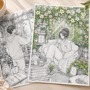 Peut inclure: Deux pages de coloriage d&eacute;taill&eacute;es pr&eacute;sentant des dessins au trait de personnes dans une serre. Une page montre une personne debout pr&egrave;s d'une fen&ecirc;tre, l'autre une personne assise dans un fauteuil avec une tasse. Les deux incluent du texte.