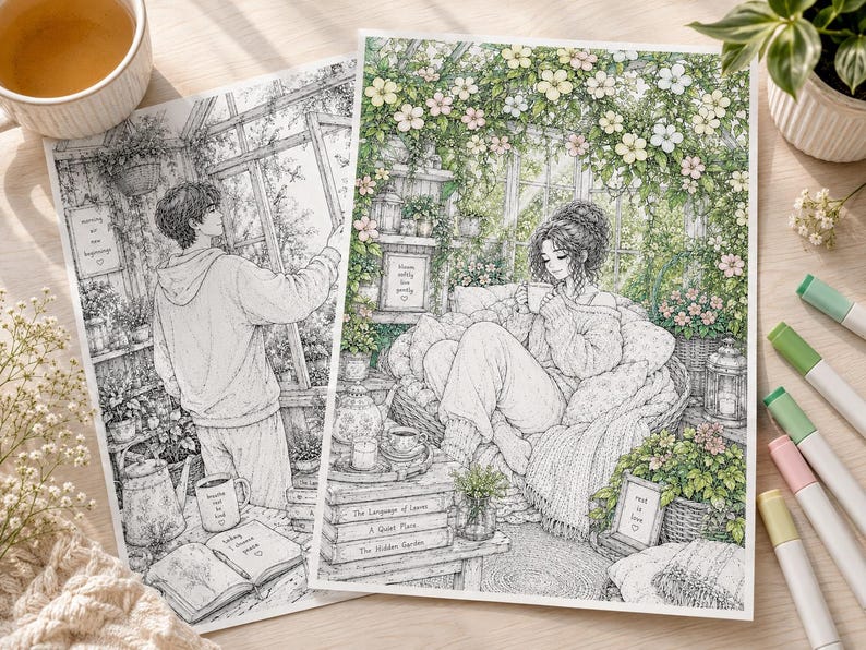 Peut inclure: Deux pages de coloriage d&eacute;taill&eacute;es pr&eacute;sentant des dessins au trait de personnes dans une serre. Une page montre une personne debout pr&egrave;s d'une fen&ecirc;tre, l'autre une personne assise dans un fauteuil avec une tasse. Les deux incluent du texte.