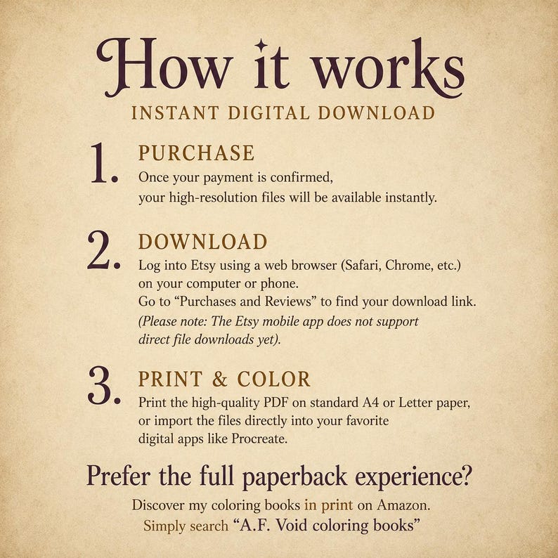 May include: An informational graphic titled How it works with dark brown text on a light beige background. It outlines three steps for an instant digital download: purchase, download, and print and color, plus a note about paperback books.