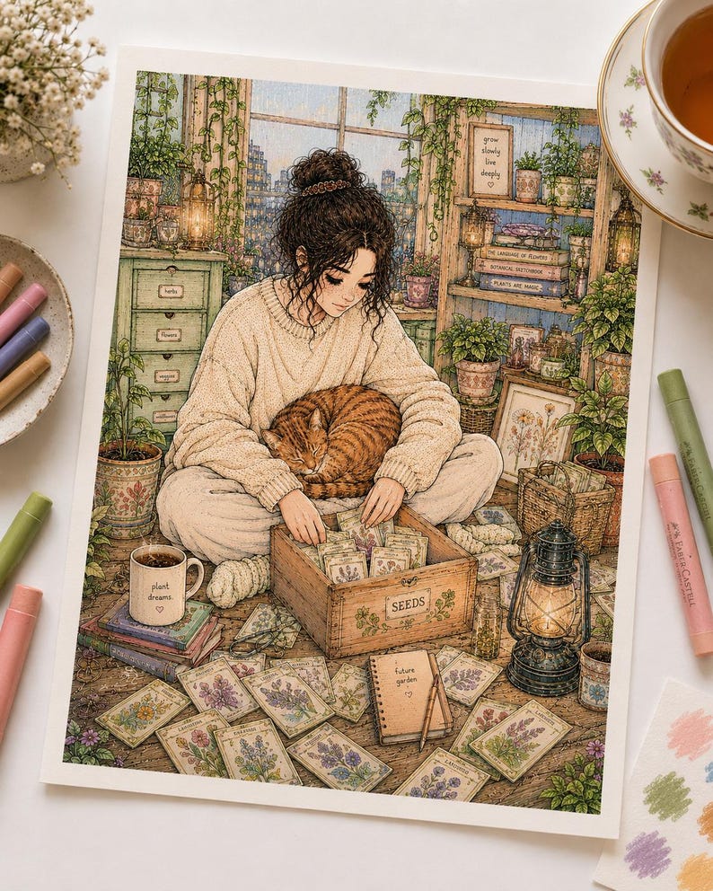 Pu&ograve; includere: Un'illustrazione di una persona con un maglione color crema seduta con un gatto tigrato arancione, intenta a smistare bustine di semi da una cassa di legno con l'etichetta SEEDS. La scena include una tazza con l'etichetta plant dreams e piante.