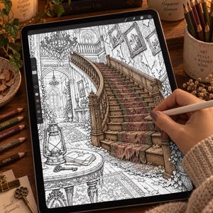 May include: A digital tablet displaying a detailed black and white line art illustration of an interior scene featuring a grand staircase, a chandelier, and a round table with a lantern, being colored with a stylus in a warm, muted palette.