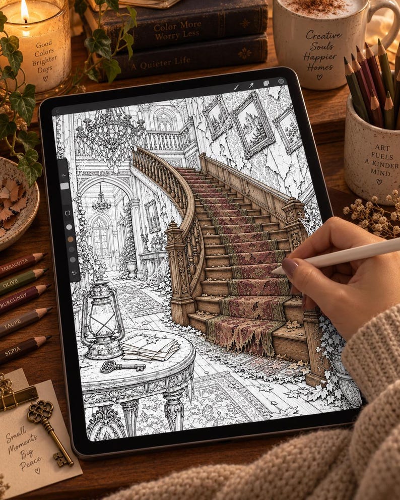 May include: A digital tablet displaying a detailed black and white line art illustration of an interior scene featuring a grand staircase, a chandelier, and a round table with a lantern, being colored with a stylus in a warm, muted palette.