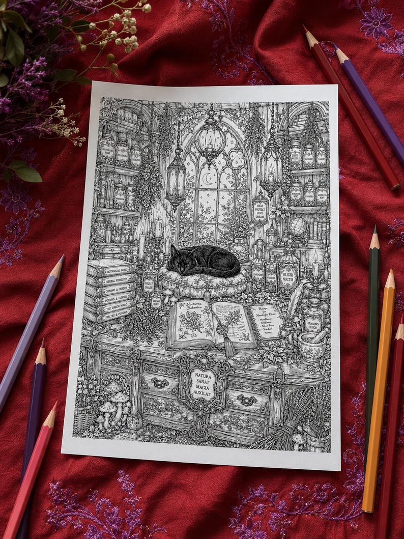May include: A black and white line art illustration depicting a sleeping cat on a cushion atop a desk filled with books, potion bottles, and hanging lanterns. The desk features a plaque with the text Natura Sanat Magia Auxilat and an open book.