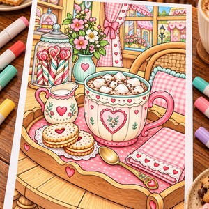 May include: A colouring page illustration featuring a wooden tray with a mug of hot cocoa topped with marshmallows, a small creamer, two heart-shaped cookies, a gold spoon, and a pink gingham napkin, set against a cosy room background.