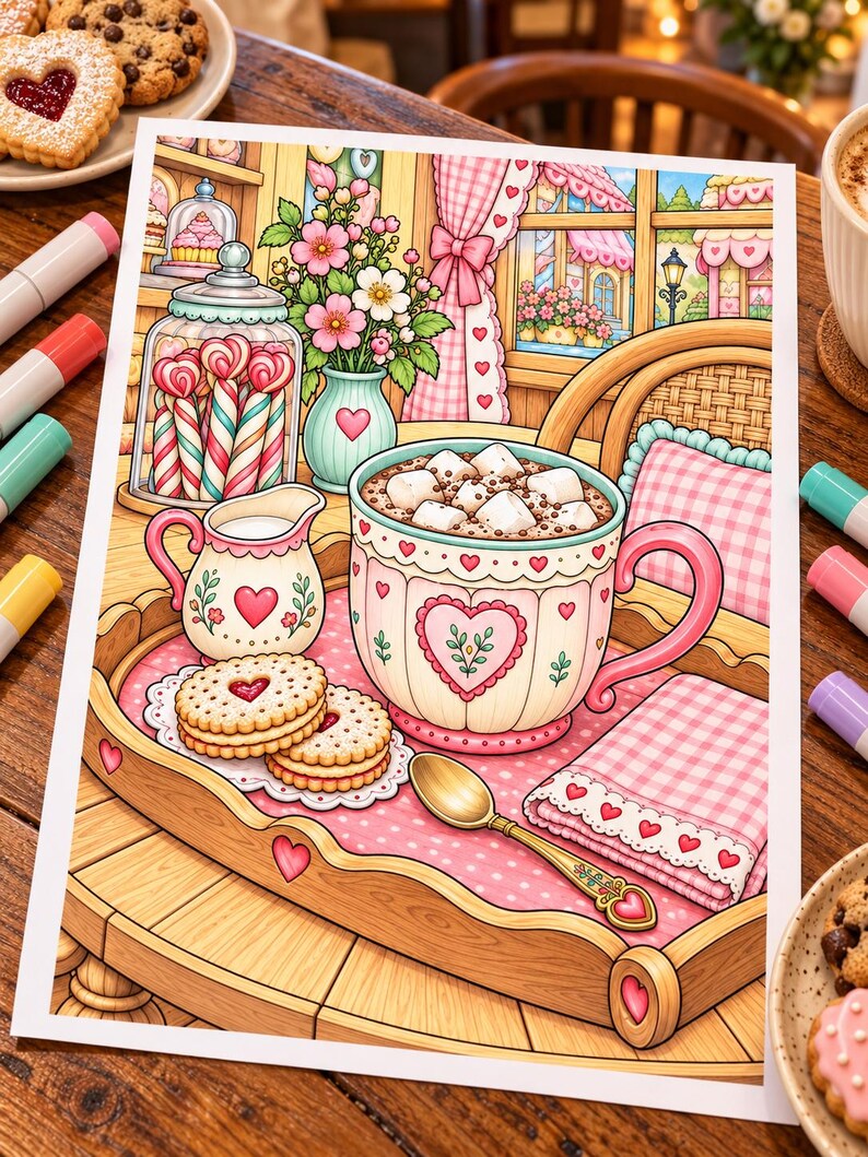 May include: A colouring page illustration featuring a wooden tray with a mug of hot cocoa topped with marshmallows, a small creamer, two heart-shaped cookies, a gold spoon, and a pink gingham napkin, set against a cosy room background.