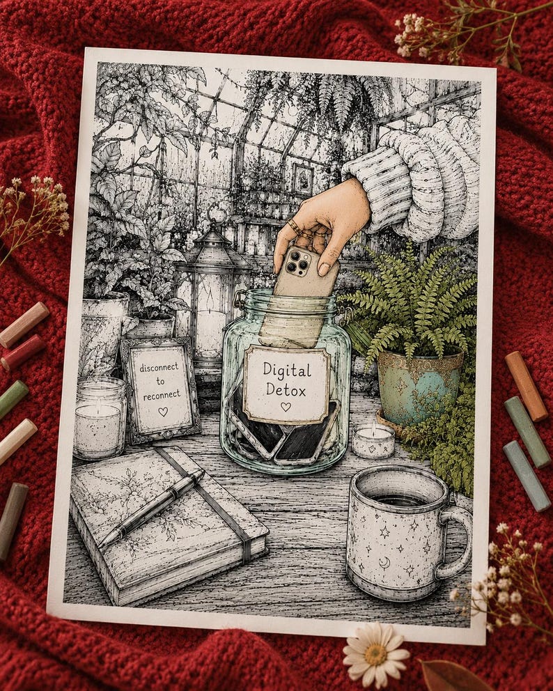 May include: A detailed black and white illustration of a glass jar labeled Digital Detox with a heart symbol, containing smartphones. A hand places a phone inside. Nearby are a notebook, a pen, a mug with star patterns, and a framed sign reading disconnect to reconnect.