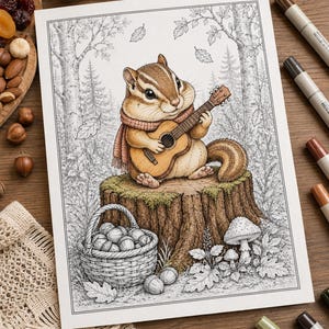 May include: A detailed line art illustration of a chipmunk wearing a scarf and playing a small acoustic guitar while sitting on a tree stump. The scene includes a woven basket filled with acorns, forest mushrooms, and a background of trees.