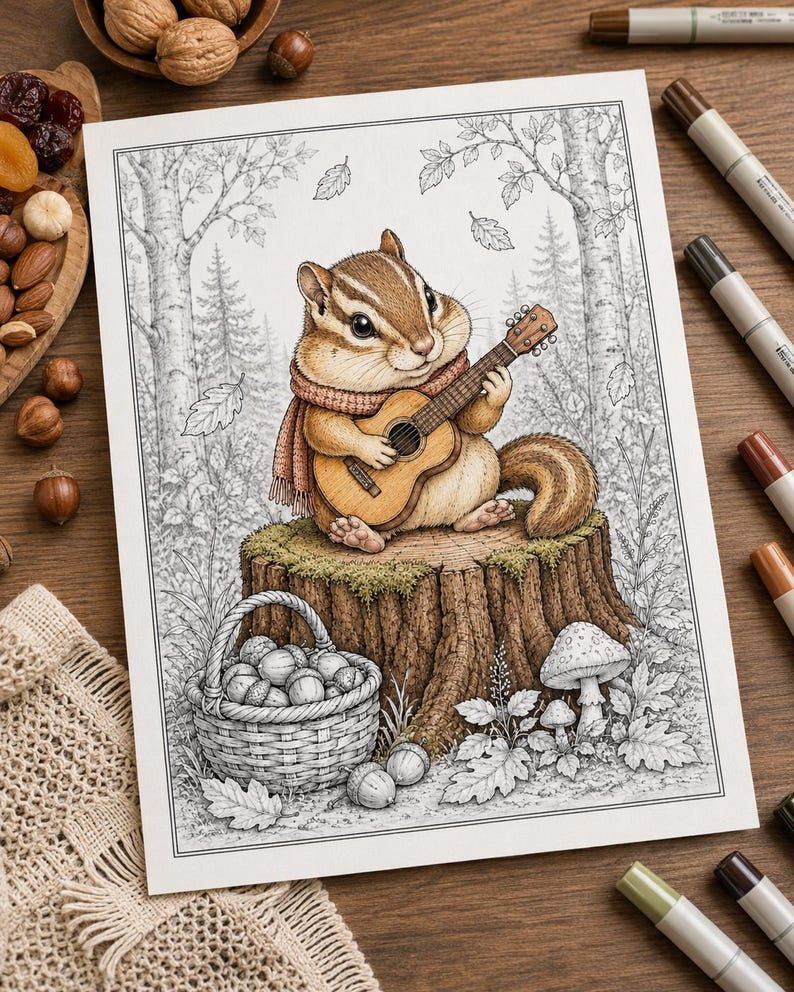 May include: A detailed line art illustration of a chipmunk wearing a scarf and playing a small acoustic guitar while sitting on a tree stump. The scene includes a woven basket filled with acorns, forest mushrooms, and a background of trees.